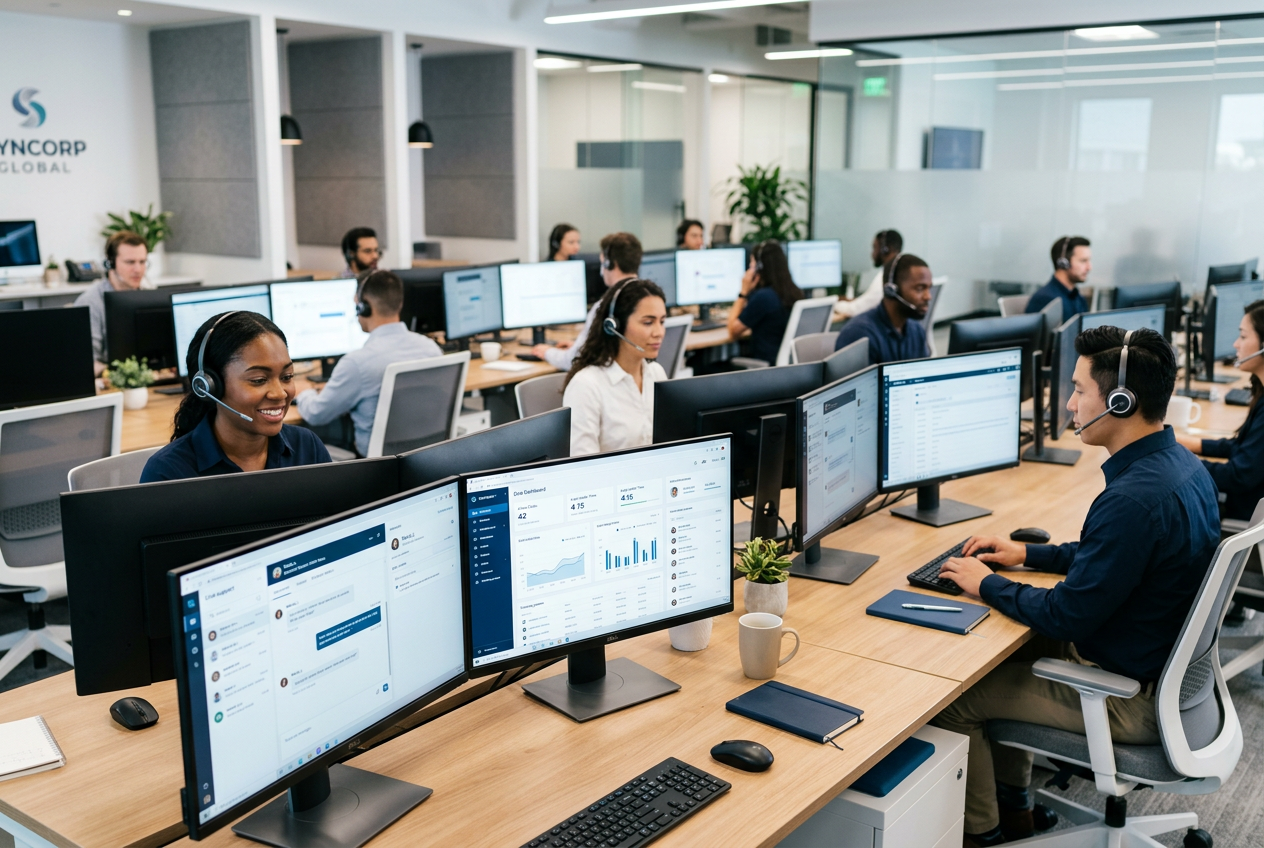A professional customer support team in a modern tech office.